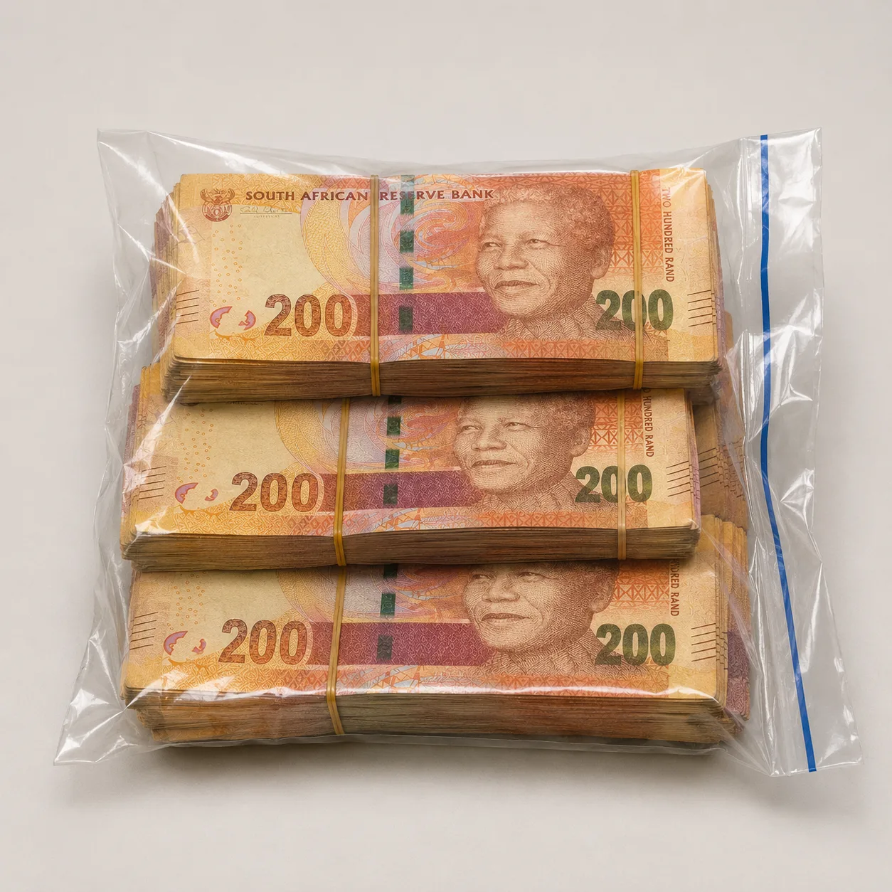 A clear plastic bag holding bundles of R200 South African banknotes - the cash bag described in Madlanga Commission evidence about Mike van Wyk.