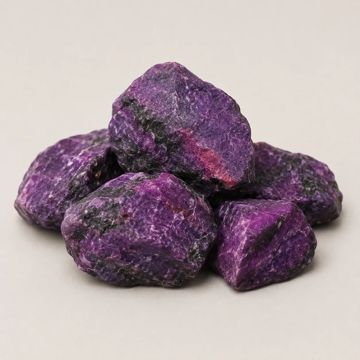 A cluster of rough purple sugilite gemstones on a neutral background - the Killarney precious stones described in Madlanga Commission testimony.