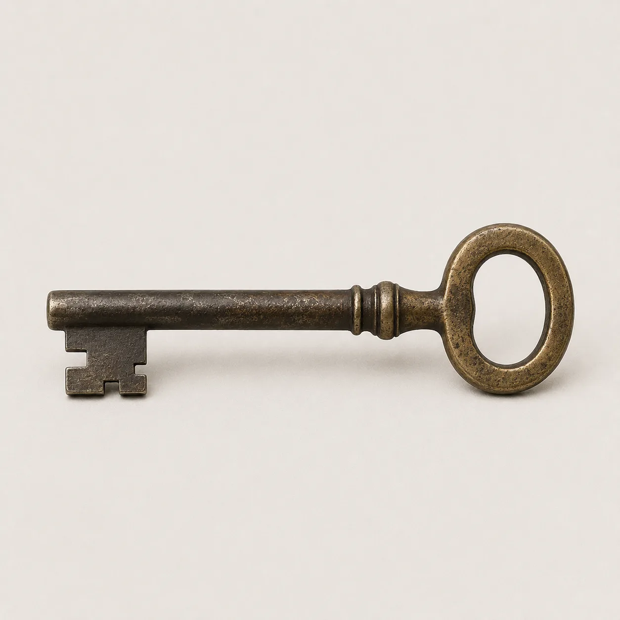 An old-fashioned heavy steel safe key on a neutral background - the Port Shepstone strong-room key described in Madlanga Commission testimony.